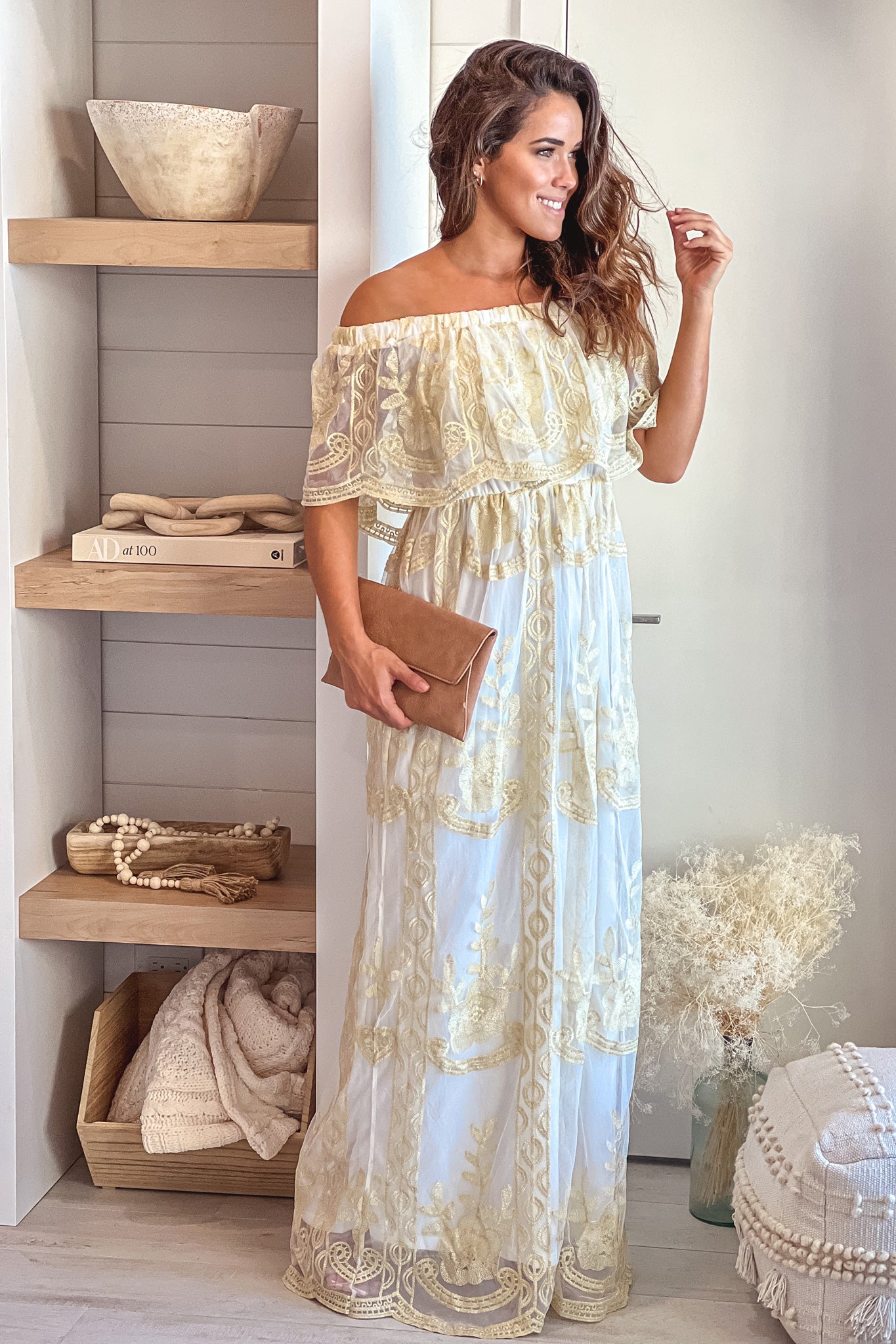 Off White Off Shoulder Maxi Dress With ...